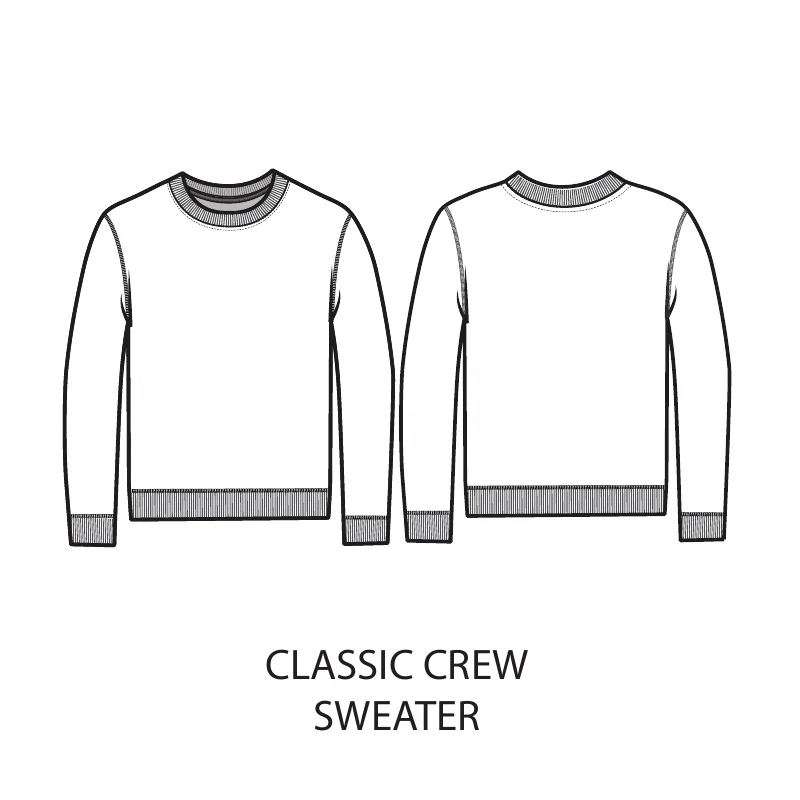 Classic crew sweater tech pack, front and back flat sketch