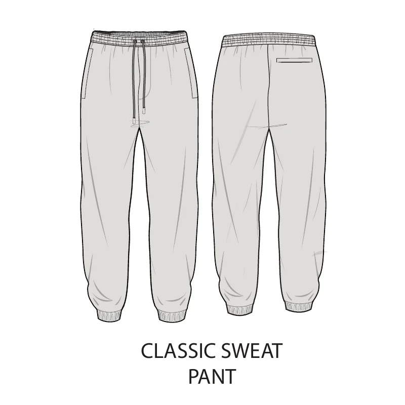 Classic sweatpant tech pack, front and back flat sketch